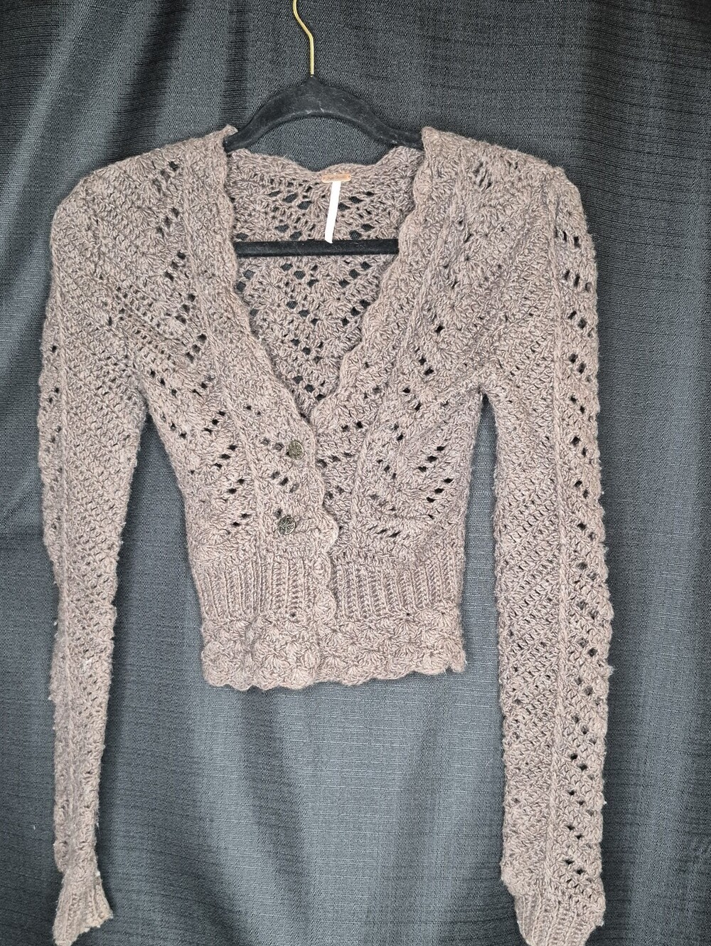 Free People Crochet V-Neck Button-Front Sweater Cardigan in Taupe